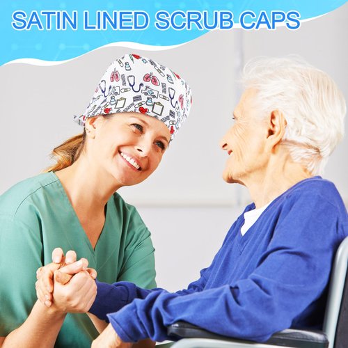 Maiteenly Satin Lined Scrub Caps Women Bouffant Nursing Hats with Button and Sweatband Adjustable Working Hat(6 Pcs,Fresh Style) Multicolor