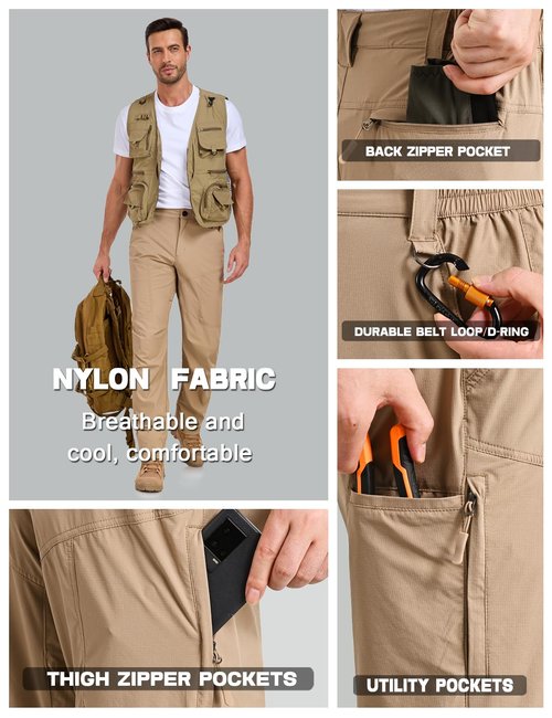 Mens Work Pants Lightweight Breathable Cargo Hiking Pants Outdoor Waterproof Quick Dry Stretch Tactical Travel Trekking Pants with Zipper Pockets Khaki 36Wx30L