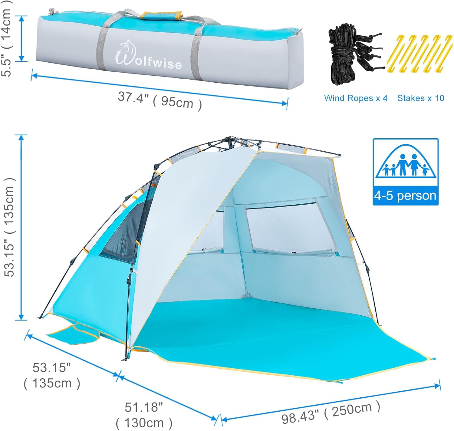 WolfWise Beach Tent for 4-5 People - UPF 50+ Sun Protection, Portable & Windproof, Large Blue Canopy