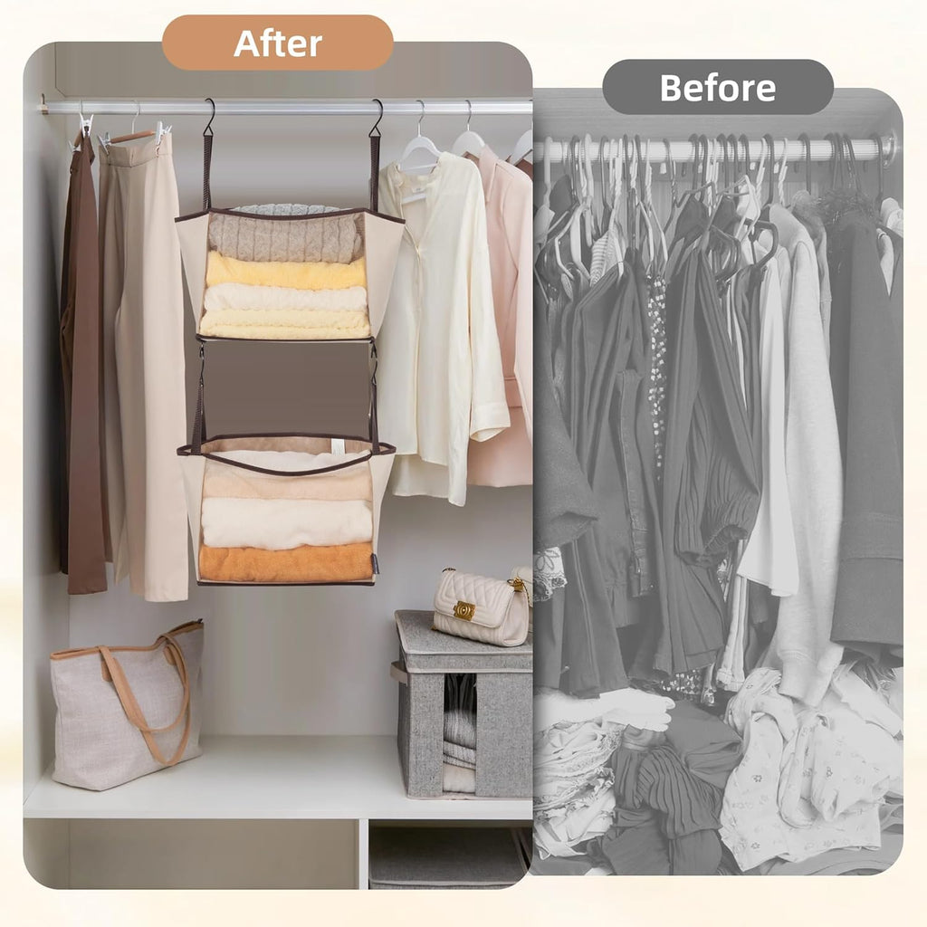 Storage Maniac 2-Shelf Hanging Closet Organizer - Beige Canvas Shelf with Hooks for Dorm & Bedroom
