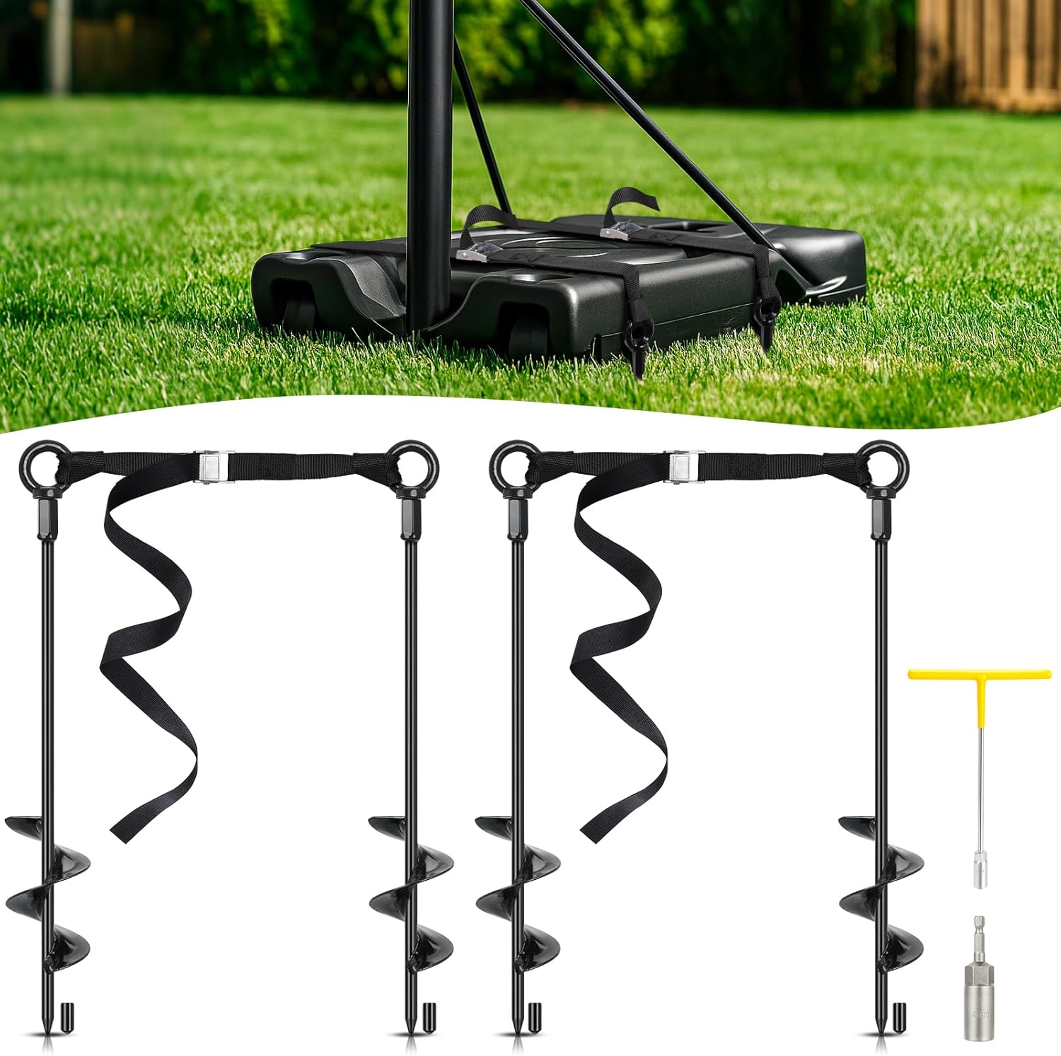 Tinnmao Basketball Hoop Anchor Kit - Heavy Duty 18'' Steel Anchors with Adjustable Straps for High Wind Stability