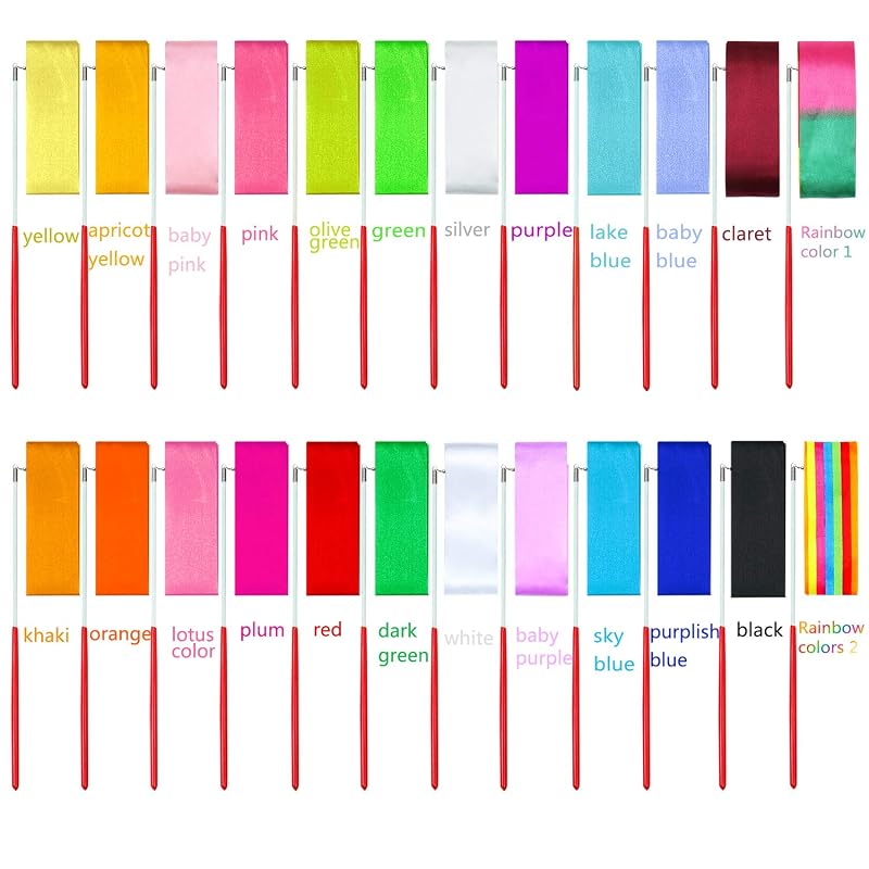 Aneco 24-Piece Dance Ribbons Streamers for Rhythmic Gymnastics - Colorful Silk Ribbon Wands (Variation: Small)