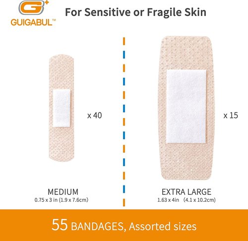 Painless Removal Silicone Bandages for Elderly Sensitive Skin - 40 Counts 0.75''x3'' Medium and 15 Counts 1.63''x4'' Extra Large Bandages by G+ GUIGABUL - Hypoallergenic - Latex Free