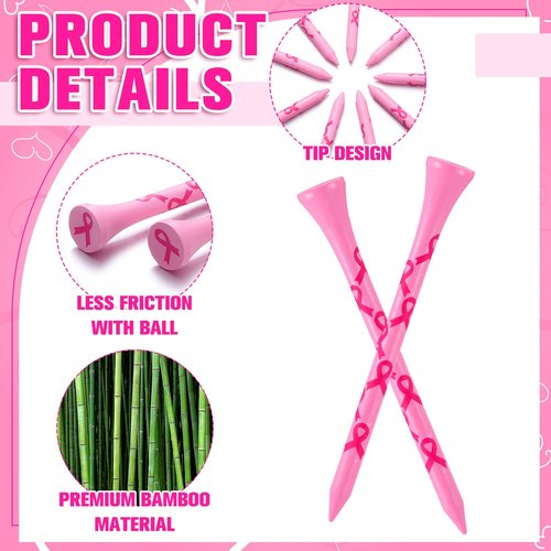LaRandom 100 Pcs Breast Cancer Awareness Golf Tees 3 1/4" Pink Ribbon Golf Tees Funny Bamboo Golfing Gifts for Women Golfer