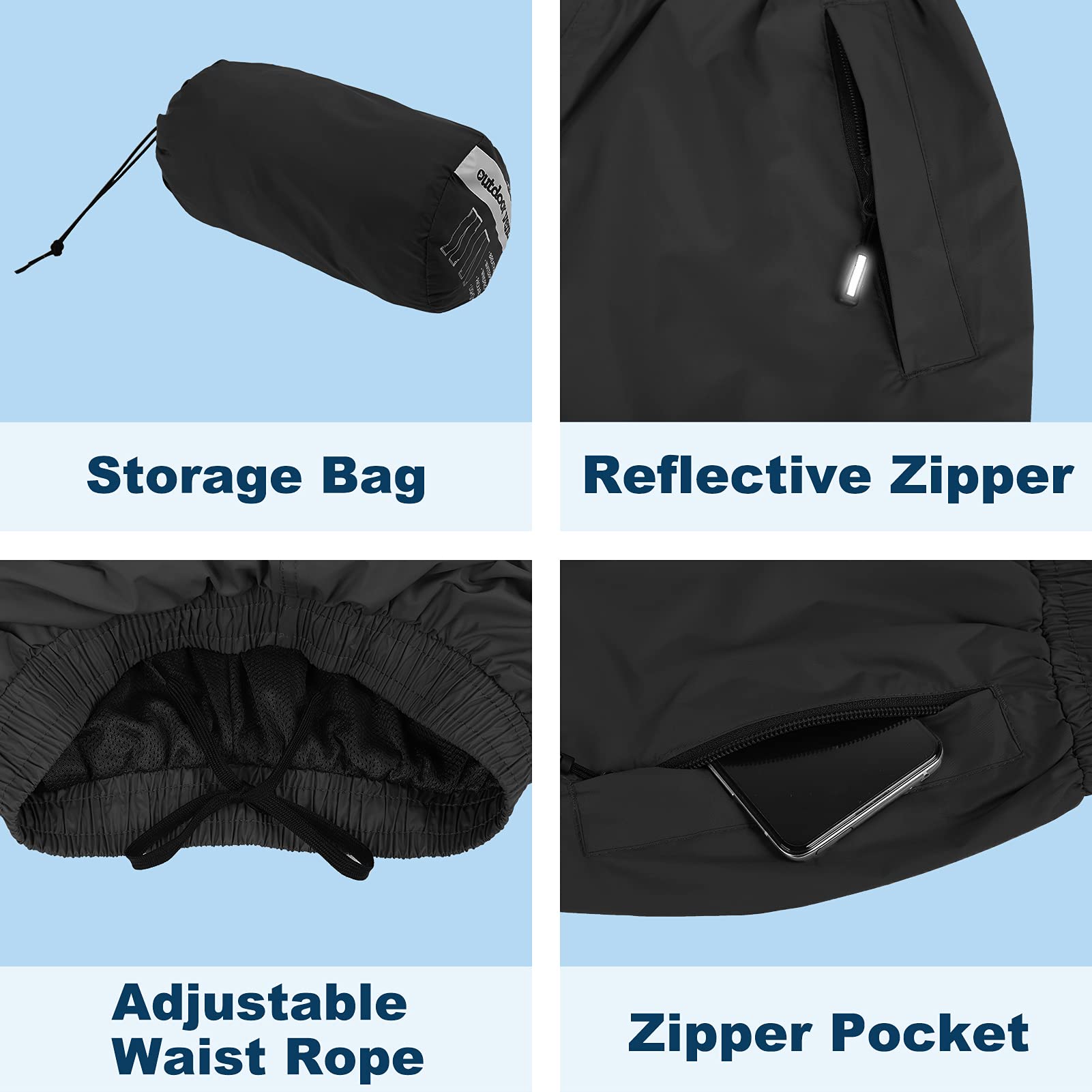 Outdoor Ventures Women's Rain Pants Packable Waterproof Hiking Pants Windproof Breathable Outdoor Rain Over Pants Black