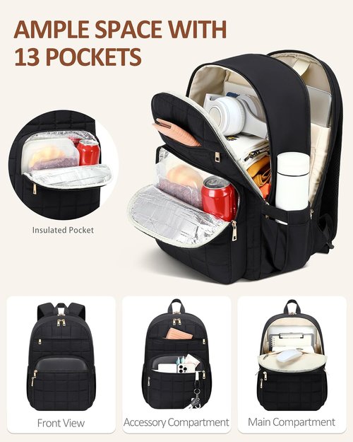 CAMTOP Work Backpack - Insulated Travel Backpack for Women | Puffer Quilted Design, Fits 15.6 Inch, Black