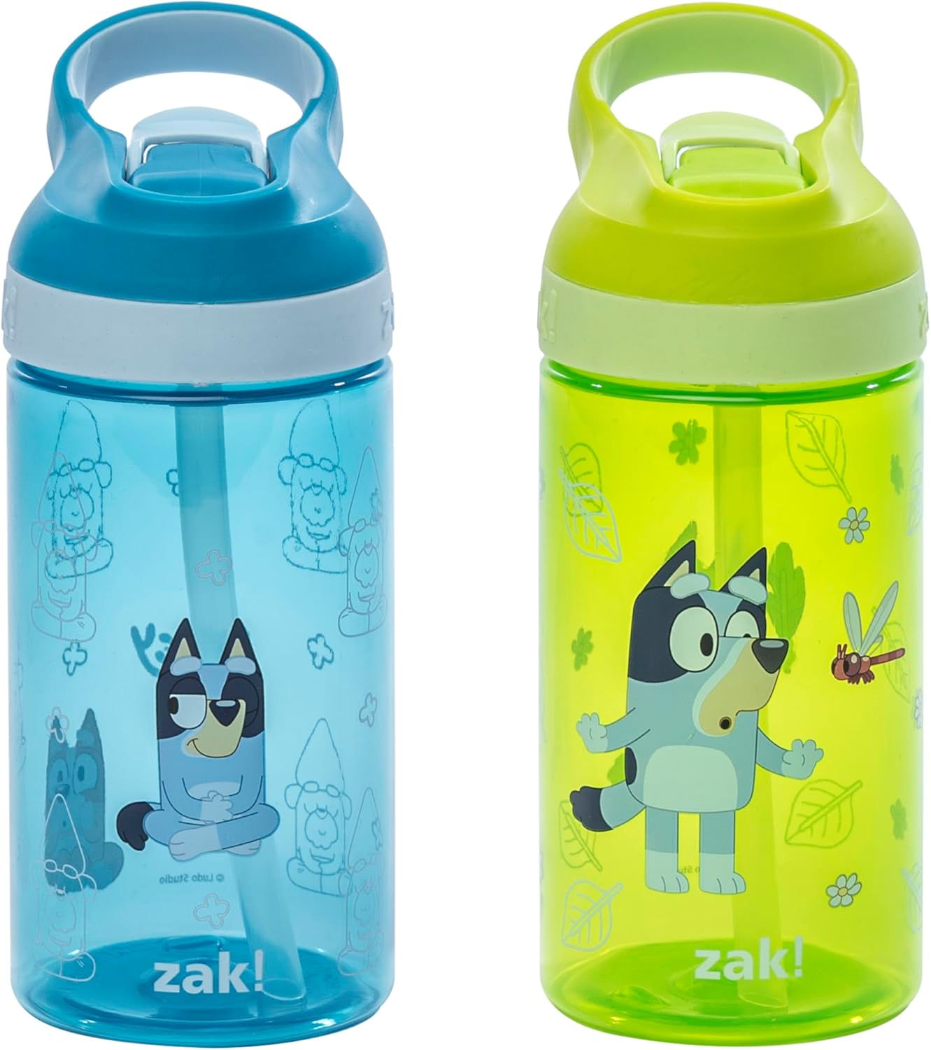 Zak Designs Bluey Kids Water Bottle - 16oz Durable Plastic with Straw & Leak-Proof Cover | 2-Pack (Bluey, Bingo)