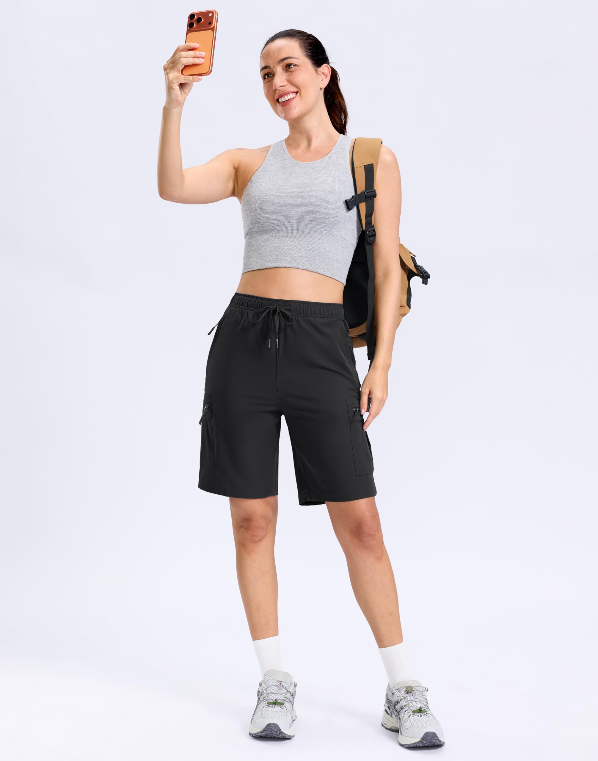 SANTINY Women's 7"/9" Lightweight Hiking Cargo Shorts with 5 Zipper Pockets Quick Dry Summer Long Travel Golf Short for Women (Black_L)
