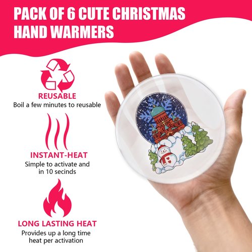 6pcs Christmas Pocket Hand Warmer,Reusable Snap Portable Lasting Heating Hands Heater,Pouch Gel Cute Long Lasting Warmth for Camping,Outdoor Xmas Pattern, for Women Men (RU-KT)