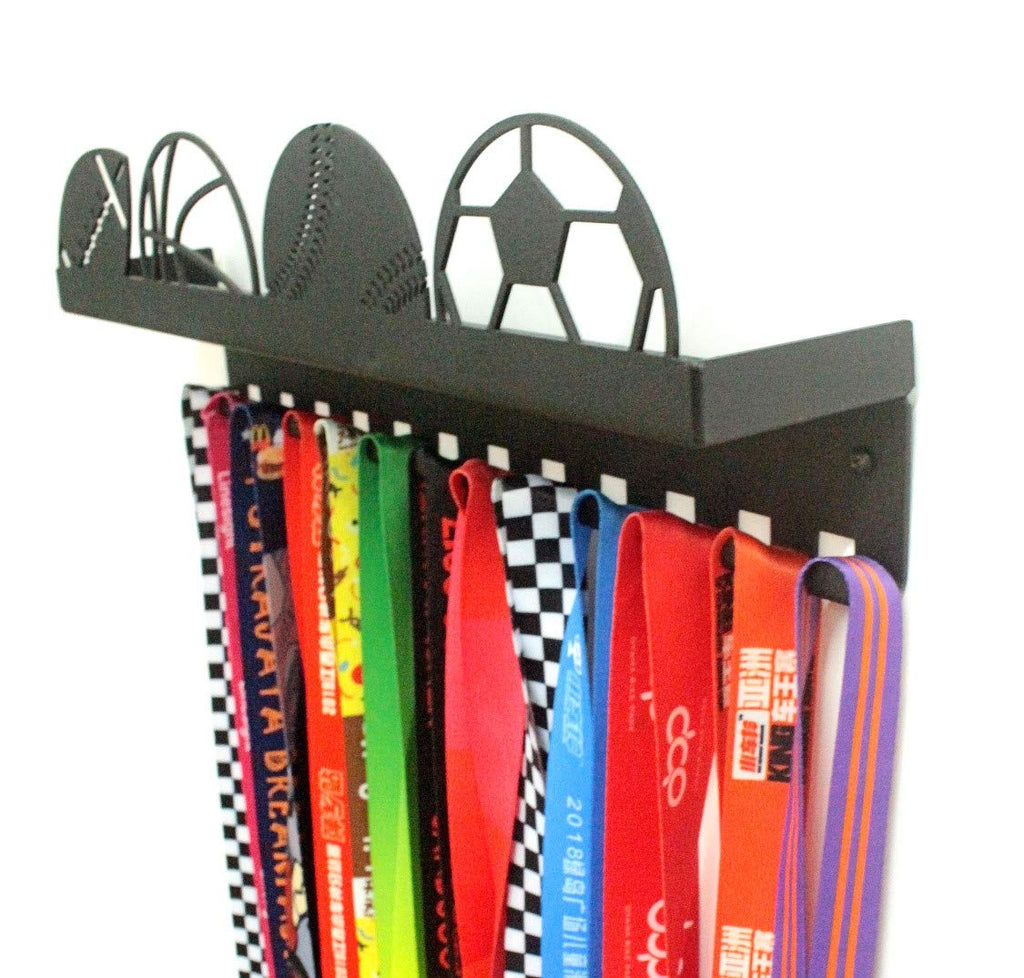 URBN BY MODERN HOME FINISHINGS Metal Wall Mount Sports Balls Design Kids & Adults Sports Medal Hanger Display, Ribbon Holder Rack with 3" Trophy Shelf Rack and Easy Hang Hooks, Black