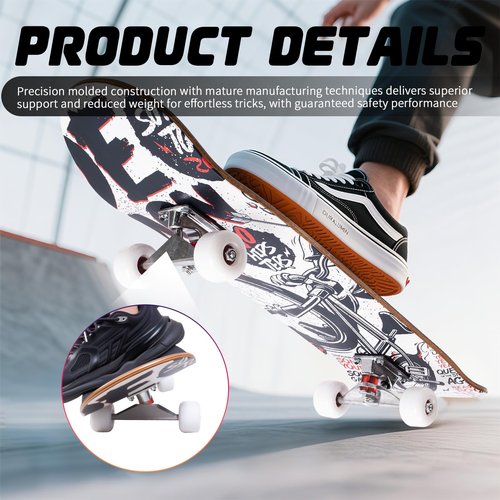 Professional Double Kick Skateboard, 31 inch Maple Deck, ABEC-9 Bearings, 95A PU Wheels, Custom Graphic Design (bat King(T-Tool Included), 31in)