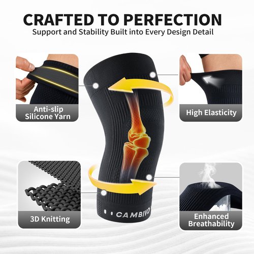 CAMBIVO Knee Brace for Women and Men (2 Pack), Ultra-Thin Lightweight Knee Compression Sleeve (Black, Large)