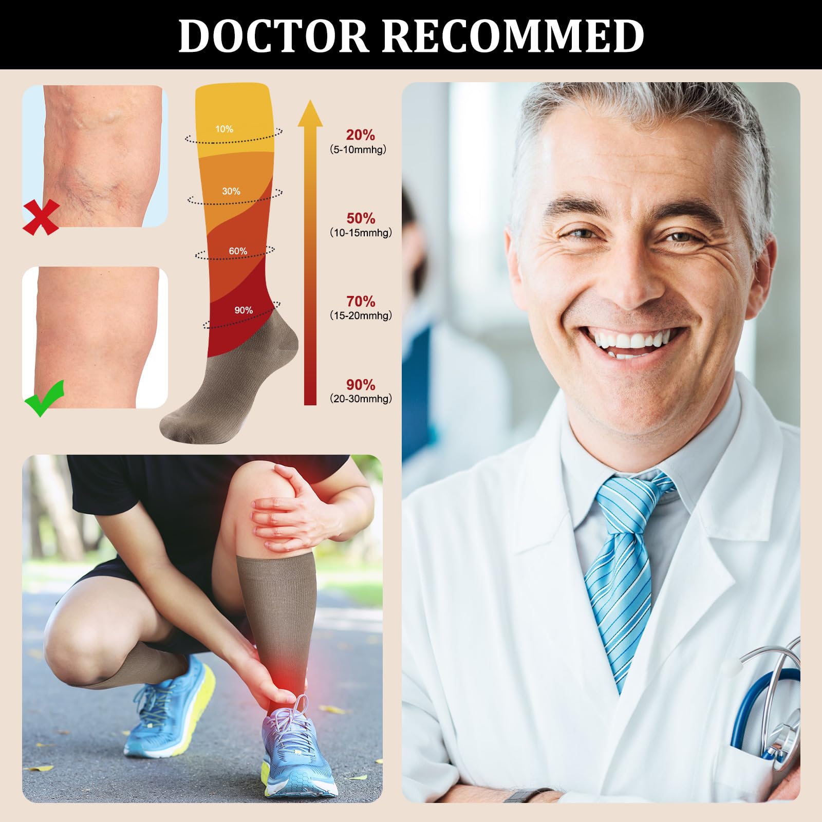 Tisancy 4 Pairs Cotton Compression Socks for Women Men 20-30 mmHg Knee High Support Socks for Nurse Pregnant Sports Travel(Black, Medium Grey, Dark Grey, Khaki)