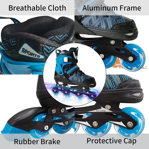 Nattork Adjustable Inline Skates for Little Kids Boys with Light up Wheels - Blue Child Blade Roller Skating for Beginners Size 1 2 3 4 Ages 7 8 9 10