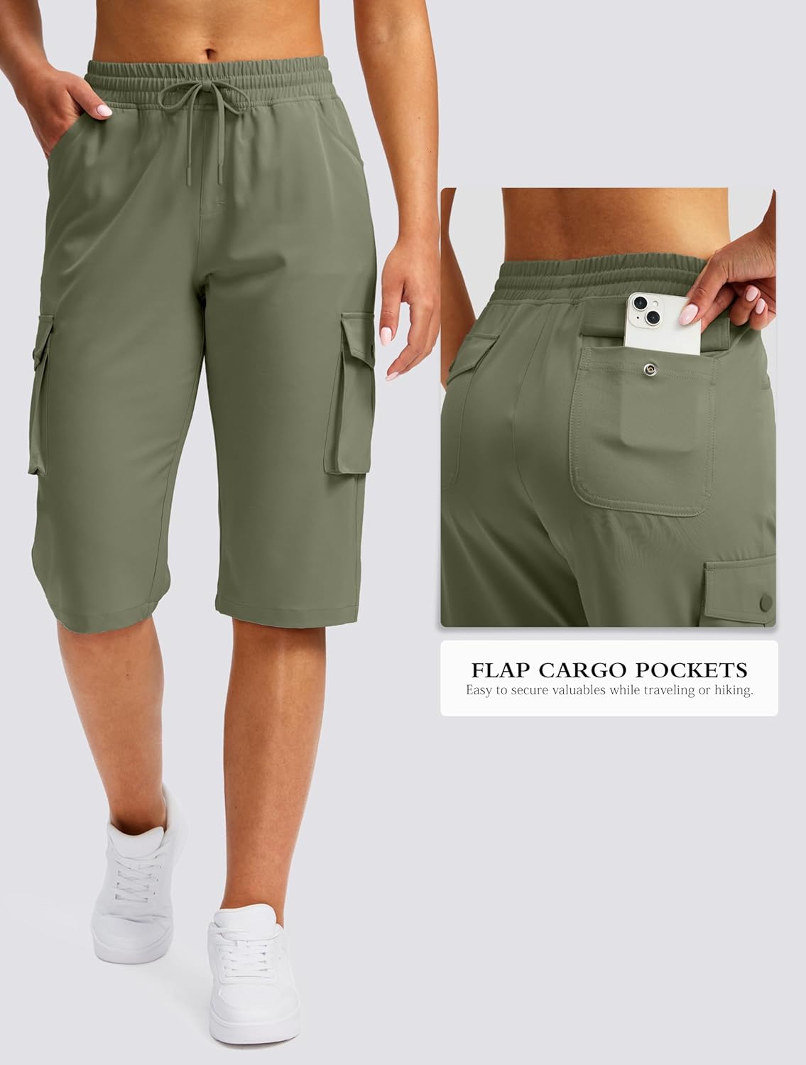 Viodia Women's Hiking Cargo Bermuda Shorts - Lightweight Knee-Length Capris for Summer Travel