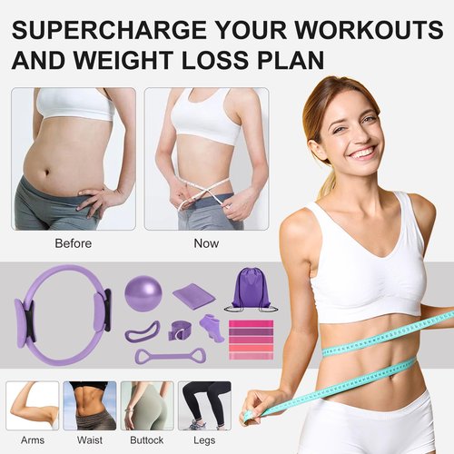 JIAOHENANZE Home Pilates Kit for Women， Pilates Essentials Kit for Women，Pilates Equipment，14 Inch Fitness Circle, 9 Inch Yoga Ball 5 Resistance Bands for Beginners Home Workouts (Purple 13Pcs)