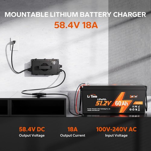 LiTime 58.4V 18A Lithium Battery Charger - IP65 Waterproof Smart Charger for 48V LiFePO4 Battery