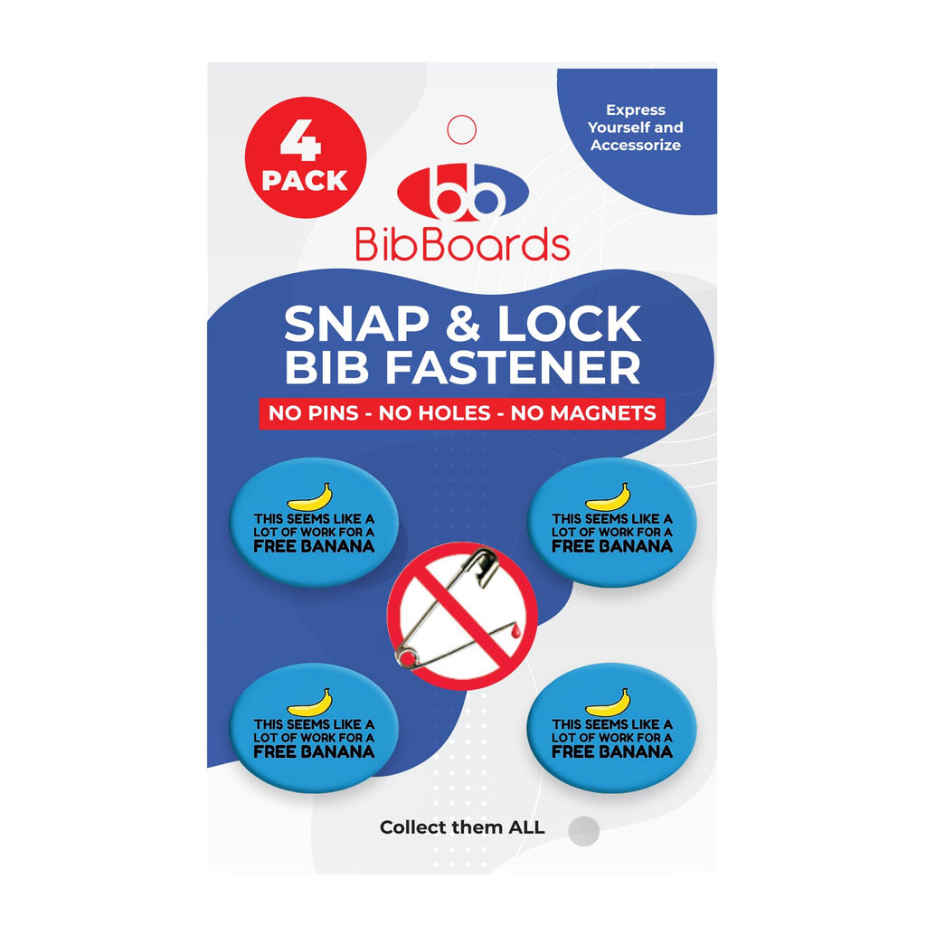 bibSNAPS Race Bib Clips - Safety Fasteners, Secures Running, Marathon, Cycling & Event Number, Non Magnetic, Replacement for Pins & Magnets, This Seems Like a Lot of Work for a Free Banana (4pcs)