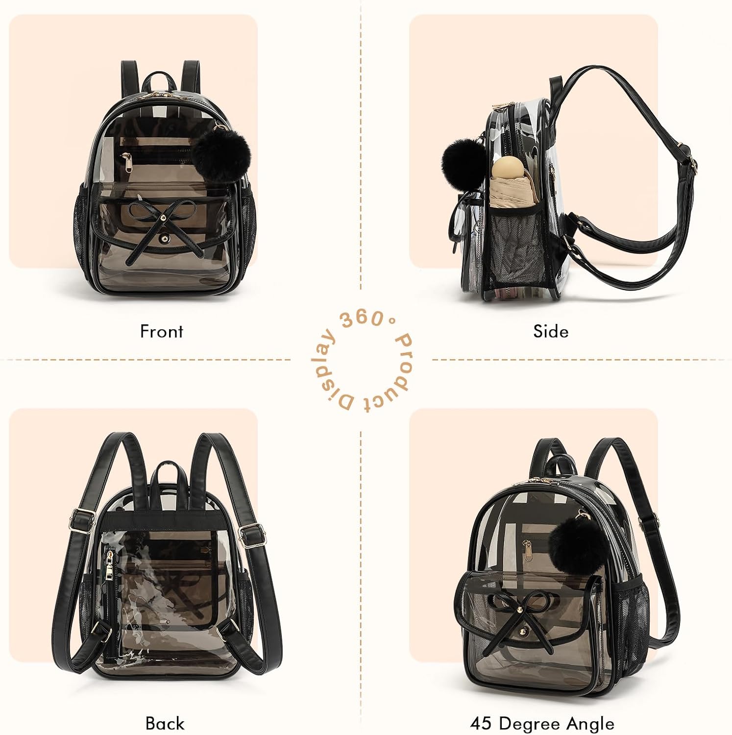 Skiennix Clear Stadium Backpack - Durable PVC Small Bag with Leather Trim | 12x12x6 Inches