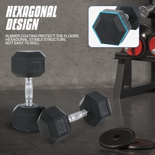 MADOG Hex-Dumbbell, Rubber Coated Cast Iron Dumbbell, Hand Weights With Anti-Slip Grip, 30-50 LBS, Single