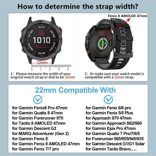 ZPJPPLX 22mm Quickfit Band Compatible with Garmin Fenix 8/7/6 epix Pro,Silicone Wrist Strap for Fenix E/5 Plus/5/tactix quatix 8 7 pro/Forerunner 970/965/955/Descent G2 G1/Approach S70/S62/S60 47mm