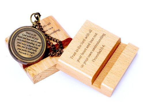 Trust in The Lord with All Your Heart - Proverbs 3: 5-6 Quote Engraved Compass with Wooden Stand,Baptism Gifts for Boys,Religious Gifts,Graduation Day 2025 Gifts,Christian Gifts for Men
