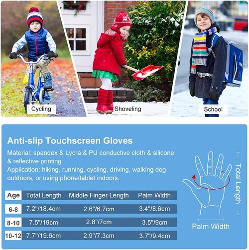 EEFOW Kids Winter Touch Screen Gloves - Waterproof Fleece, Anti-Slip Mittens for Ages 4-12