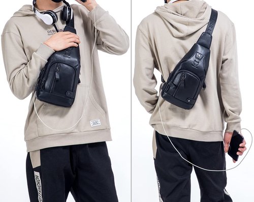 BULLCAPTAIN Men Crossbody Bag with USB Charging Port Genuine Leather Shoulder Sling Chest Bag Travel Hiking Backpack (Black)