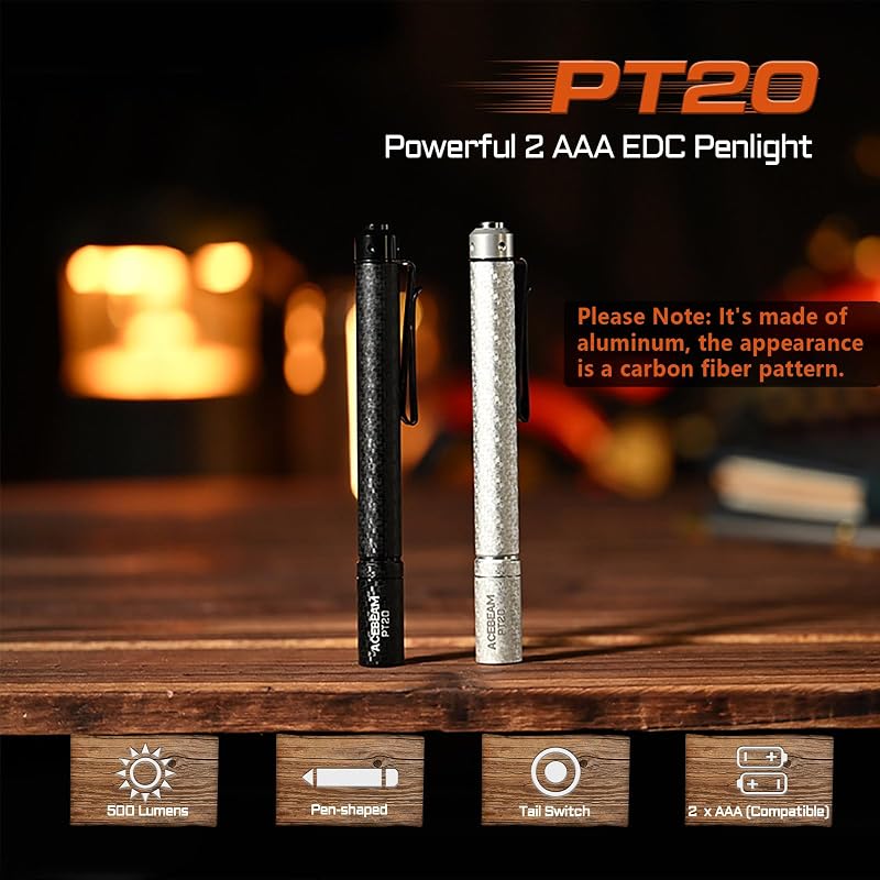 Acebeam PT20 500 Lumen AAA EDC Pen Flashlight with Clip - Carbon Fiber Black 6500K