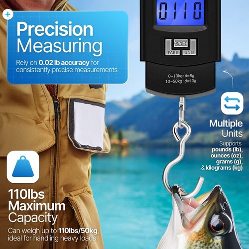 Flexzion Digital Hanging Scale - 110lb/50kg Portable Luggage & Fish Scale with LCD Display, Stainless Steel Hook