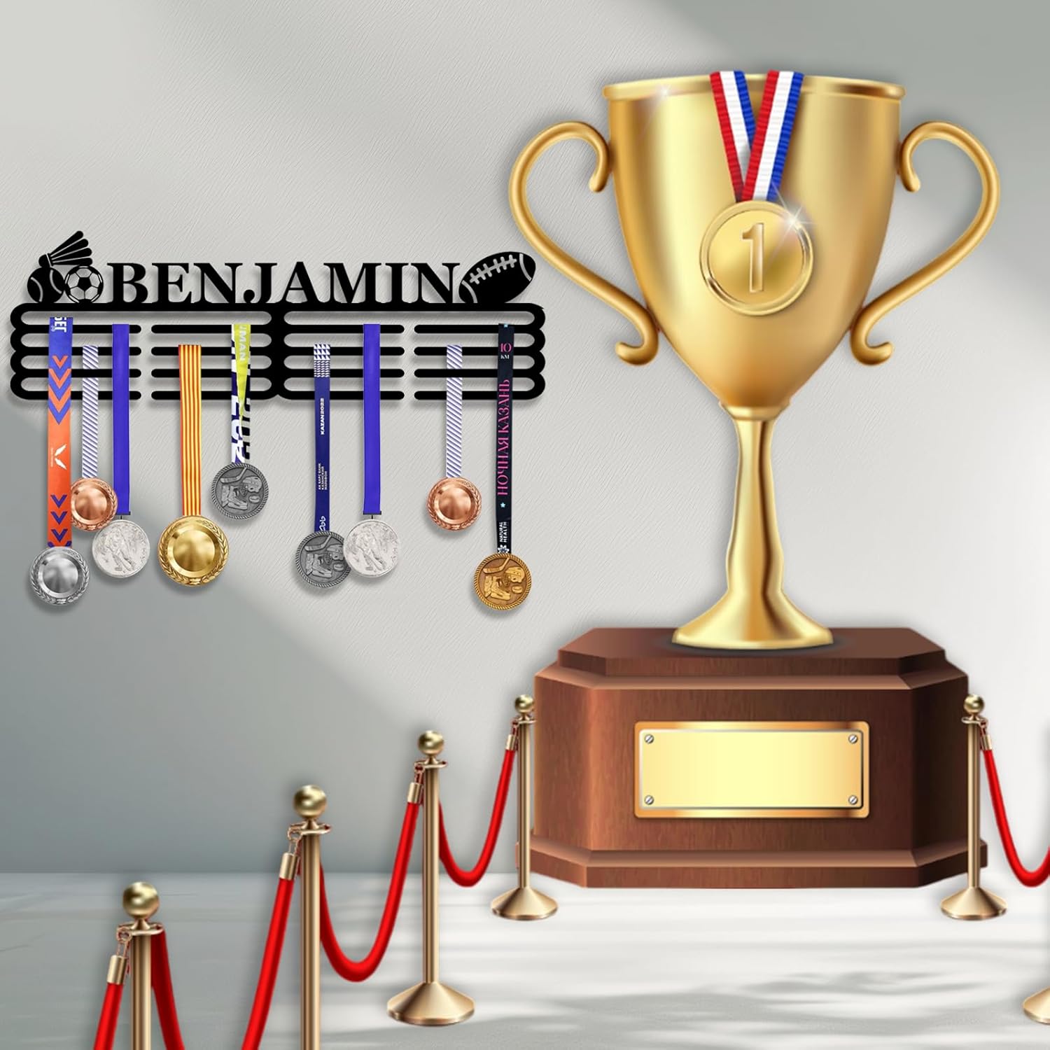 Skiennix Personalized Medal Hanger Display - Custom Name Wall Mount Trophy Shelf | Tiered Award Rack for Sports