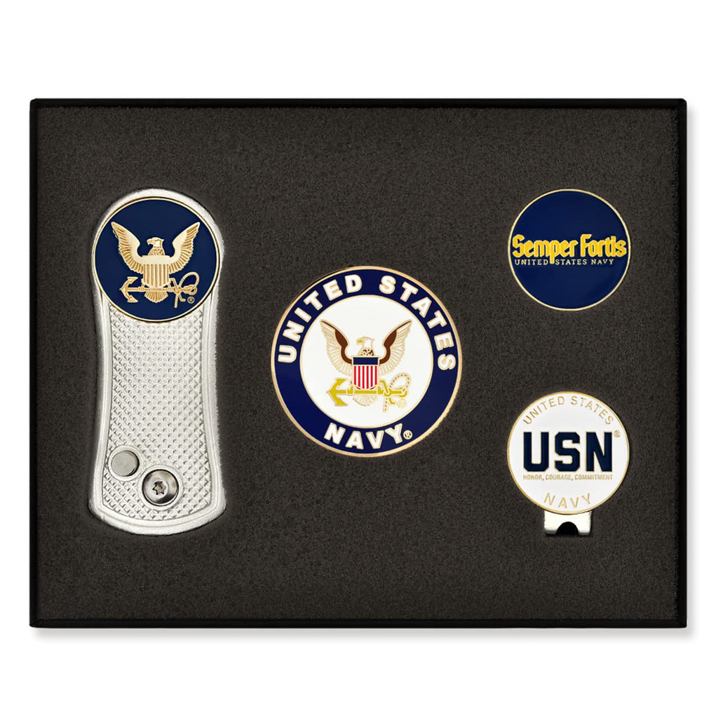 PinMart's Officially Licensed Navy Golf Essentials Gift Set, Divot Tool, Hat Clip, Magnetic Ball Markers, Large Golf Ball Marker with Presentation Box - Gifts and Accessories