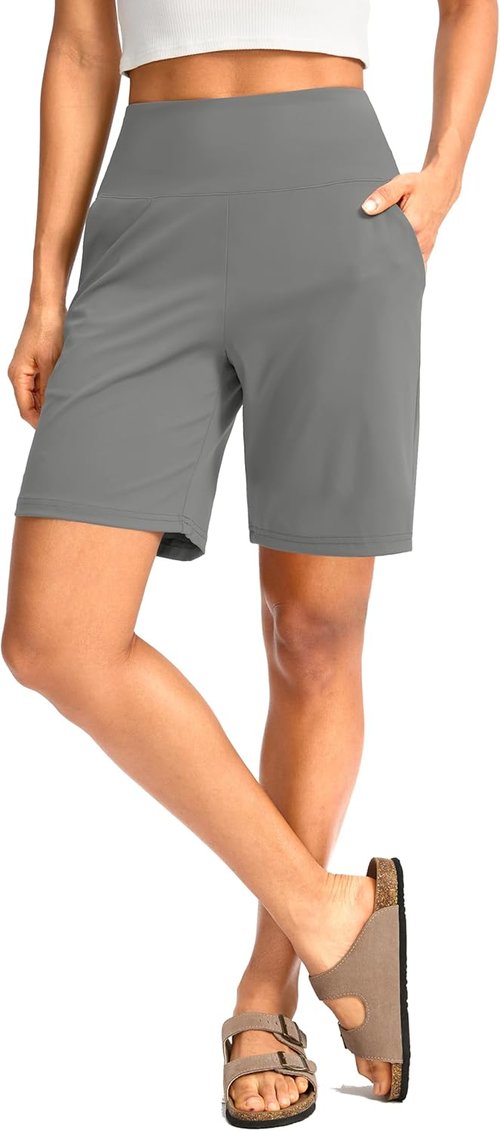 G Gradual Women's Bermuda Long Shorts - High Waisted, Knee Length with Pockets for Athletic Walking