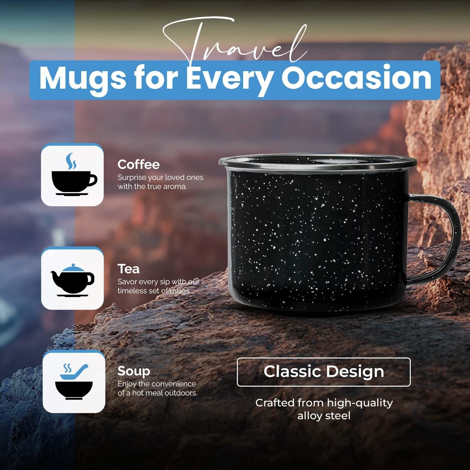Toughty Enamel Camping Mug – Retro Vintage Campfire Tin Cup, Rustic Backpacking Mug for Hiking, Coffee, Farmhouse, Diner, Hot Drinks, Tinware, and Backpacking Gear – Set of 4 – Black – 16 Oz