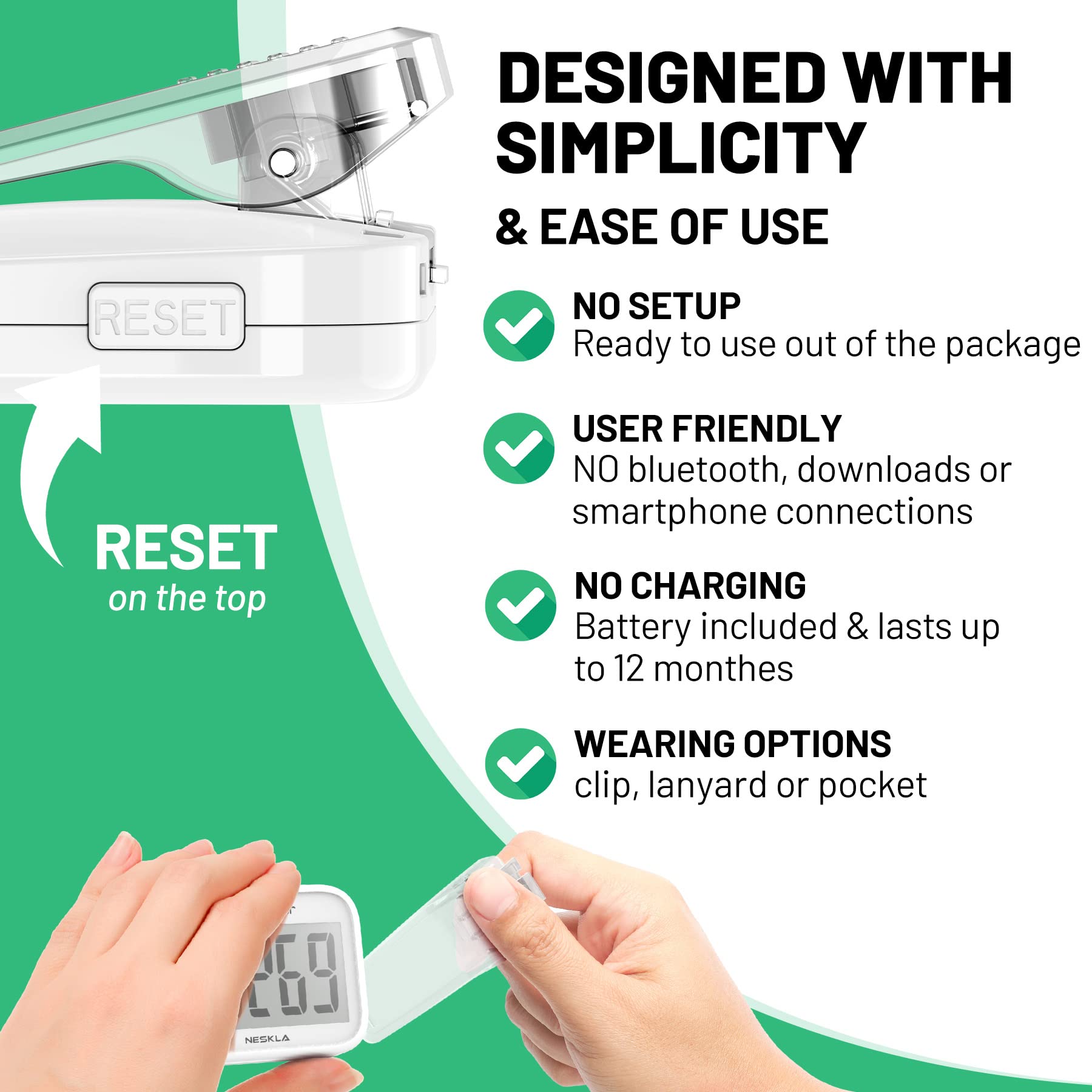 NESKLA 3D Pedometer for Walking, Simple Step Counter with Large Digital Display, Step Tracker with Removable Clip Lanyard, Accurately Track Steps for Men Women Kids Adults Seniors-White