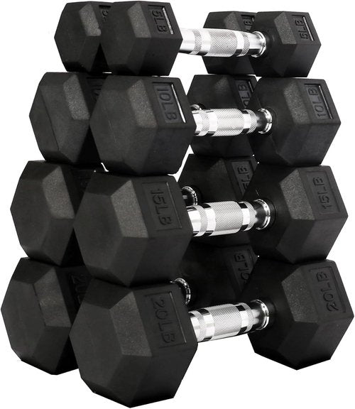 Fitvids Rubber Encased Hex Dumbbell Set | 5-20LB Pairs for Versatile Home Workouts - Black