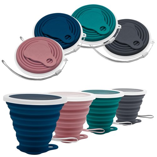 Litoexpe 4 Pack Silicone Collapsible Travel Cup Portable Folding Camping Cup Sets with Lids, Dark Gray & Pink & Navy Blue &Teal, Capacity 9.22oz (270ml)