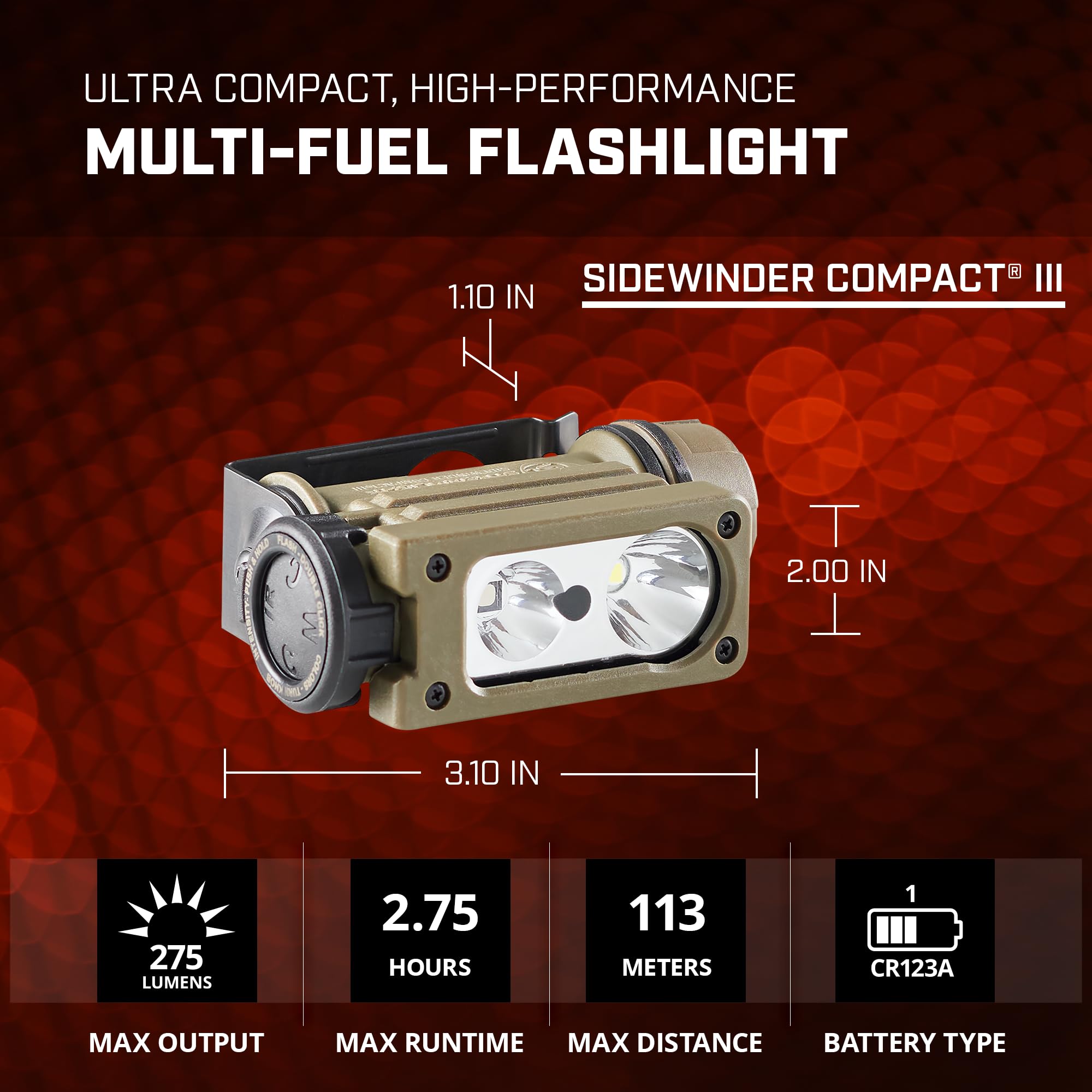 Streamlight 14213 Sidewinder Compact III 275-Lumen 3200 Candela User Configurable Model Hands-Free Angle Head Flashlight with White, Blue, Green, Red LEDs, and IR, Coyote