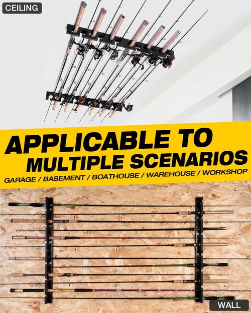Ghosthorn Fishing Pole Rod Rack - Wall/Ceiling Mounted Storage Organizer for Fishing Gear | Durable Design