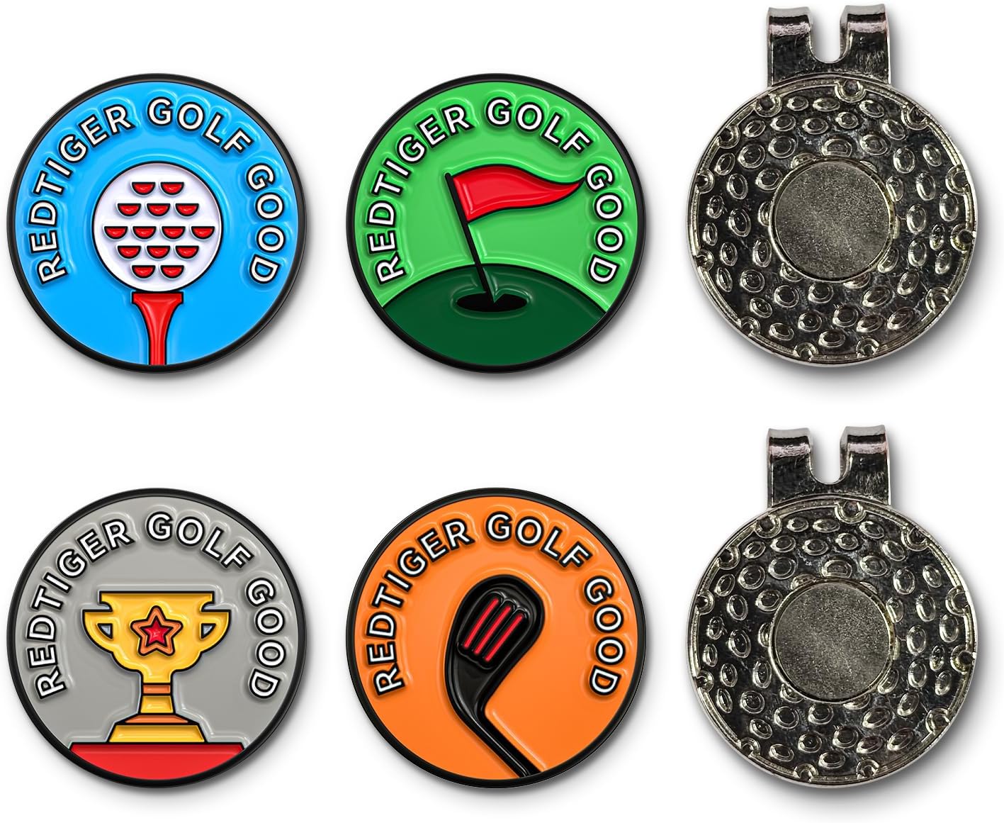 REDTIGER Magnetic Golf Ball Marker Set - 4 Colorful Metal Markers with 2 Hat Clips for Golf Lovers