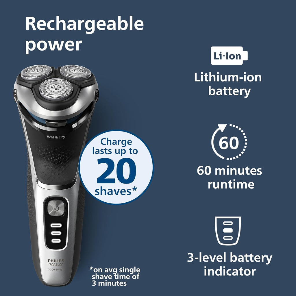 Philips Norelco Shaver 3900 Series - Wet & Dry Electric Shaver with Travel Pouch & Charging Stand - Storm Blue