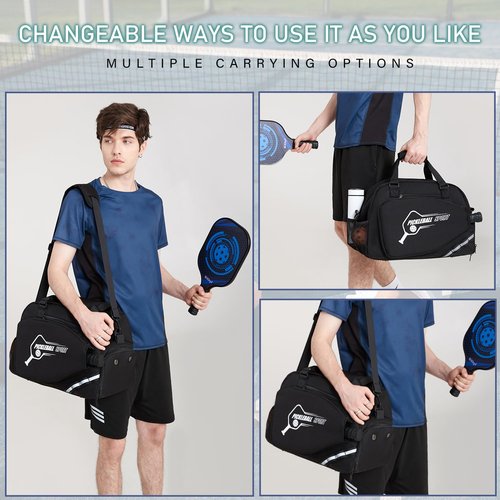 BISKLNDN Pickleball Bag for Women and Men, Pickleball Tote Bag with Various Zipper Pockets for Balls, Paddles, Shoes, Movil Phone and Power Bank with a Fence Hook, Black