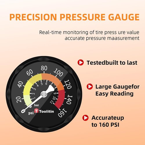 **TOOLITIN Floor Bike Pump - High Pressure 160 PSI with Gauge | Compatible with Presta & Schrader Valves**