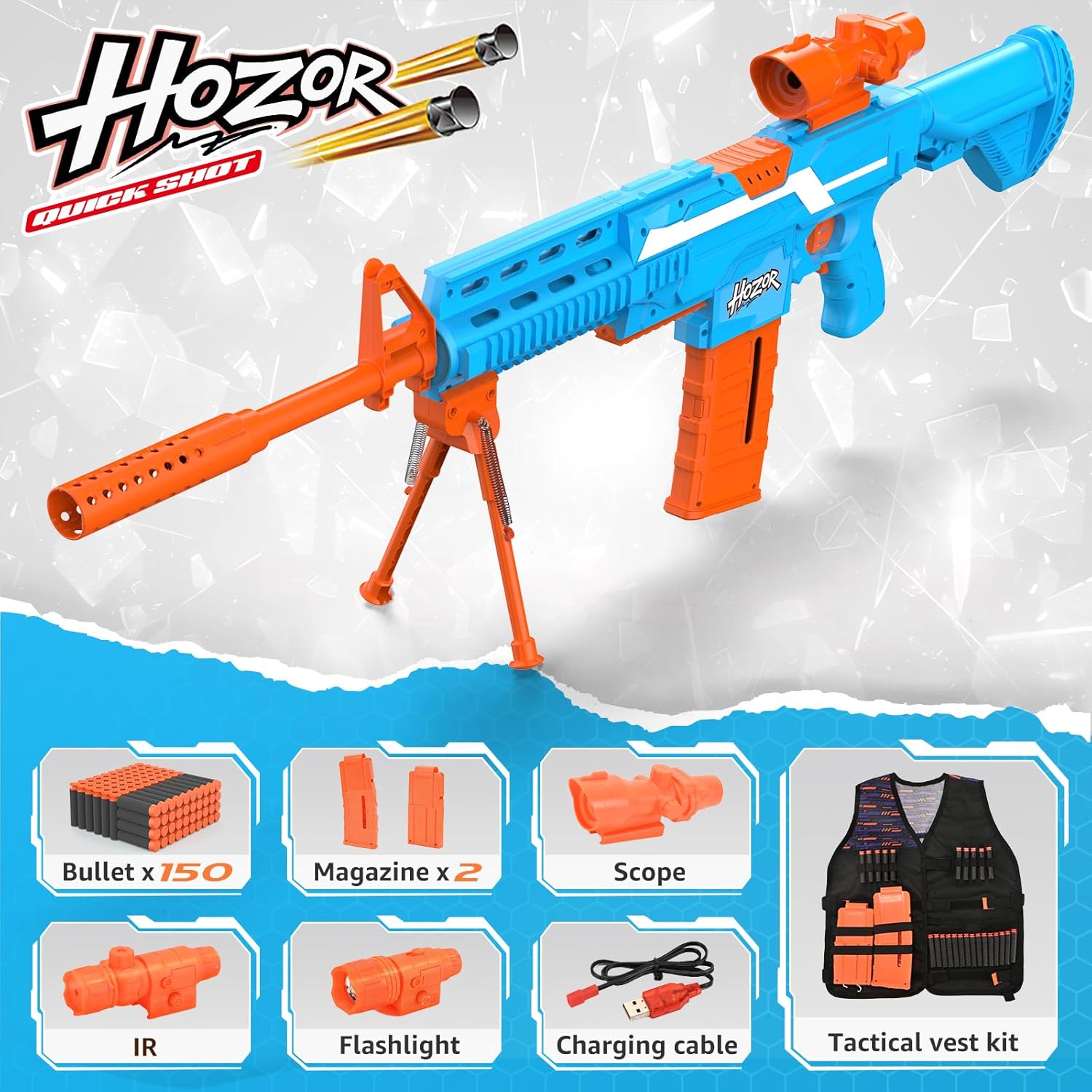 TriFireX Motorized Blaster Tactical Vest Kit - Rechargeable, 3 Firing Modes, 150 Foam Darts, Kids' Gift