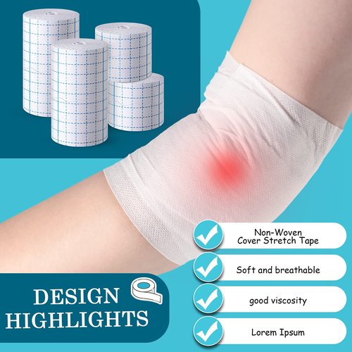 4 Rolls Non-Woven Cover Stretch Tape Breathable Non-Woven Tape Protective Adhesive Bandage Roll Film, 2 Inch x 5.47 Yard, 4 inch x 5.47 Yard