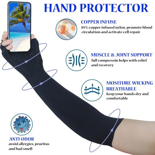 Long Arthritis Compression Gloves for Women Men, Copper Gloves for Joint Pain Relief, Swelling, RSI, Fingerless Carpal Tunnel Glove for Work, Computer Typing, Support Hands, Wrist and Arms (Large)