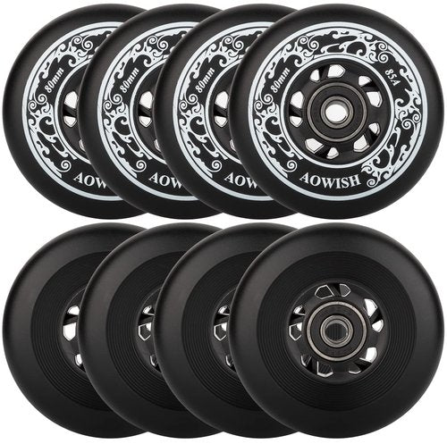 AOWISH Inline Skate Wheels 85A Outdoor Asphalt Formula Hockey Roller Blades Replacement Wheel with Bearings ABEC-9 and Floating Spacers (8-pack) (Black, 80mm)