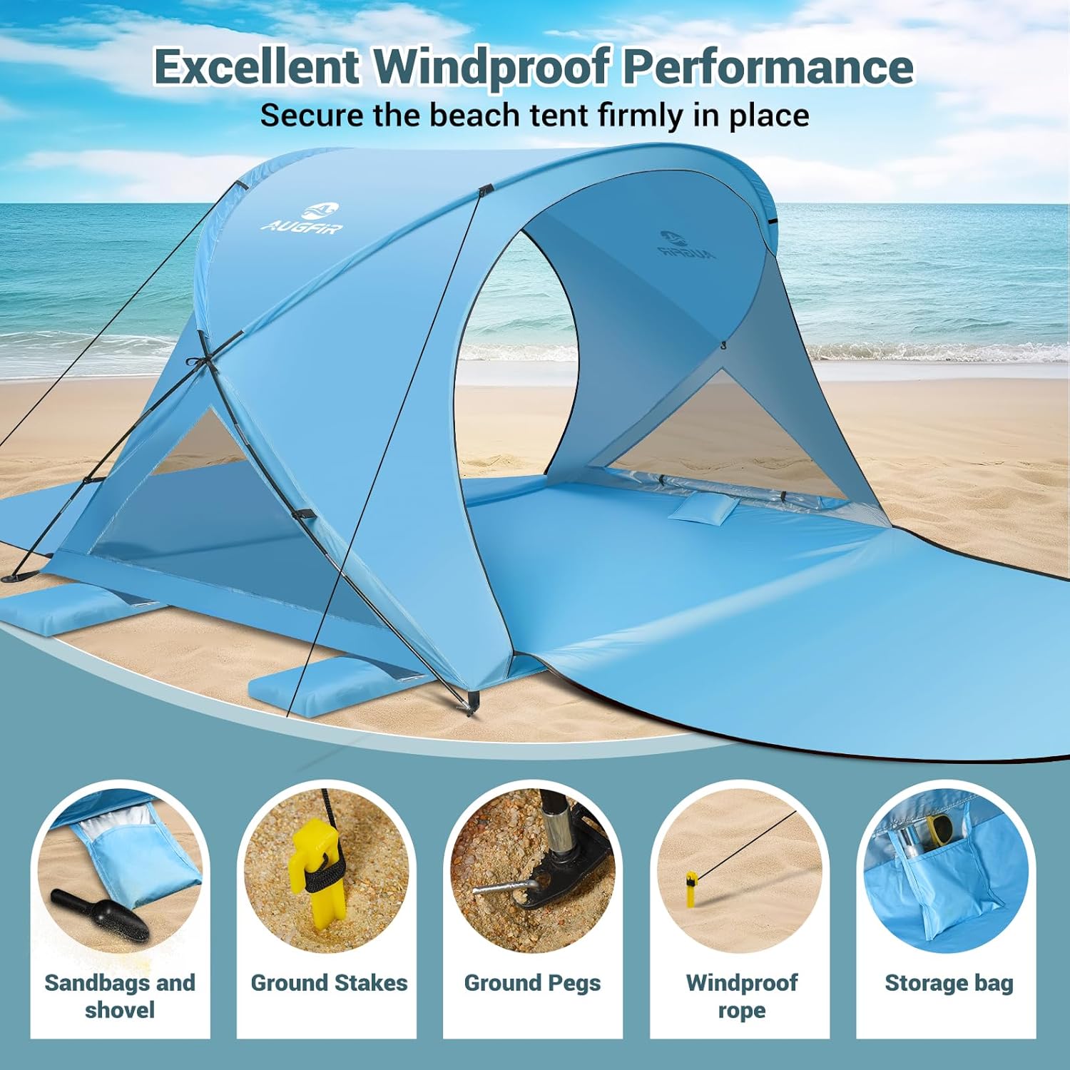 Skiennix Beach Tent - Portable Sun Shelter with UPF 50+ Protection & Dual-Door Ventilation | Fits 4 People (Blue)