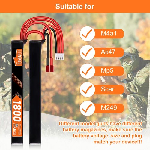 Crazepony 11.1V Airsoft Battery - Rechargeable 3S LiPo 1800mAh Nunchuck Split Pack with T Plug | Mini Tamiya Cable