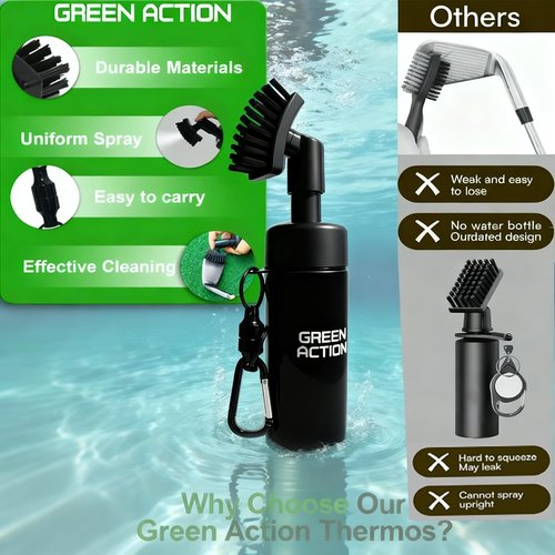 GREEN ACTION Golf Club Brush Cleaner with Water Sprayer & Magnetic Clip, Curved Stiff Bristles for Deep Cleaning, Silicone Hose & Gravity Ball for Easy Use-Holds 5 Oz Water-Golf Accessories (Black)